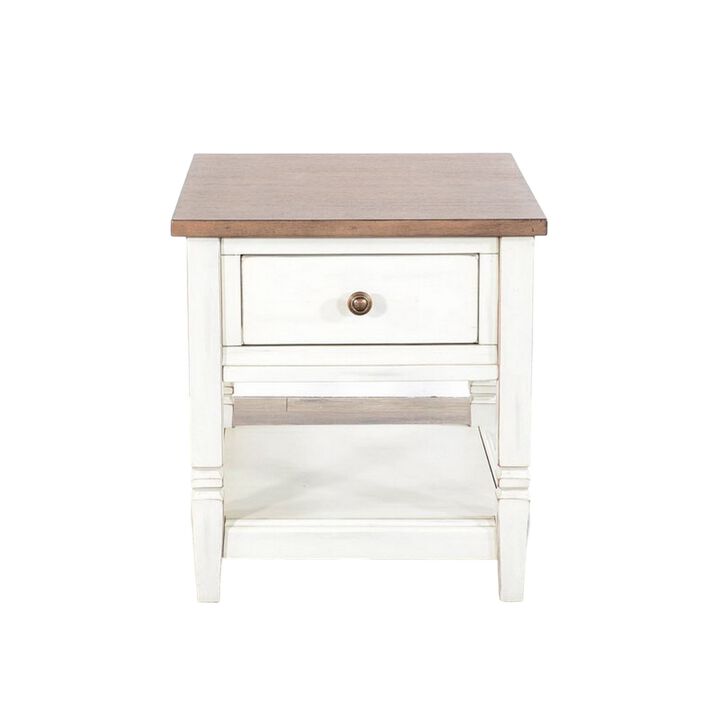 Dean Side End Table w Shelf, Drawer, 26 Inch Rectangular Brown, White - Benzara