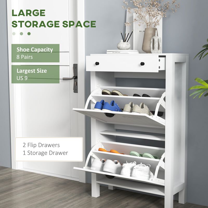 White Shoe Cabinet: 8-Pair Capacity, Freestanding, for Entryway