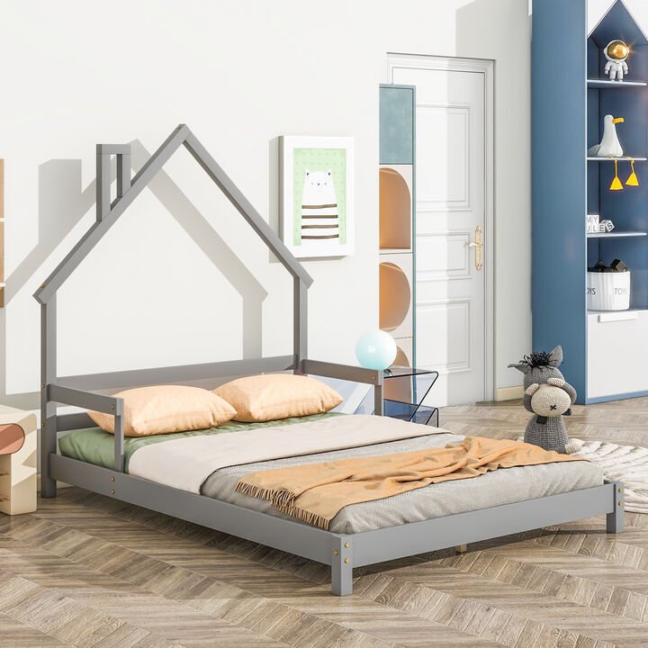 Full House-Shaped Headboard Bed with Handrails ,slats
,Natural