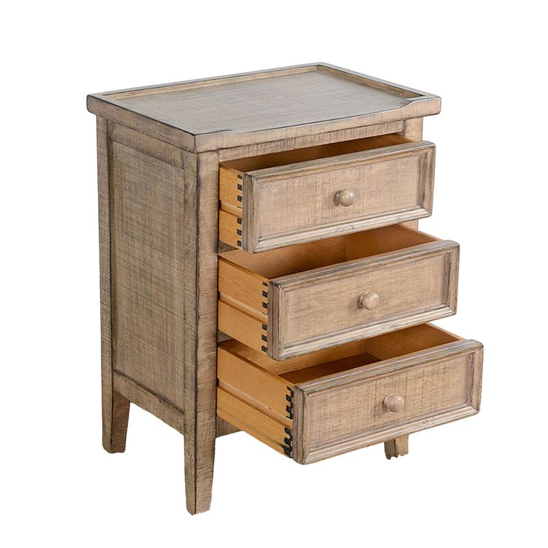 Rena End Table with 3 Drawers, 19 Inch Distressed Brown Mahogany Wood - Benzara
