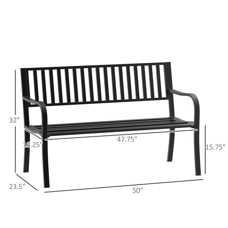 Poolside Duo Seat: 50" Black Metal Slatted Patio Bench for Two