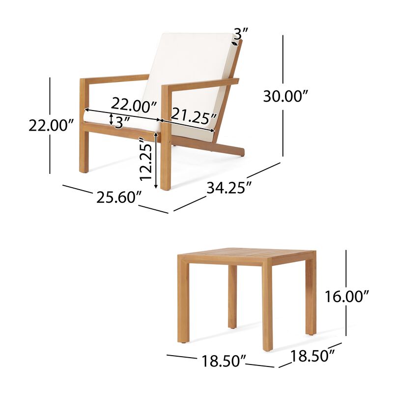 Liah Outdoor Patio Table Set, 2 Chairs, Brown Acacia Wood, Cream Polyester