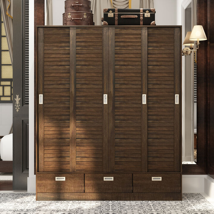 Dark Brown Wood 59.1 in. W 4-Door Big Wardwore Armoires With 4 Sliding Doors, Hanging Rods, Drawers, Storage Shelves