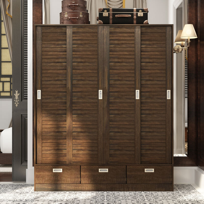 Dark Brown Wood 59.1 in. W 4-Door Big Wardwore Armoires With 4 Sliding Doors, Hanging Rods, Drawers, Storage Shelves