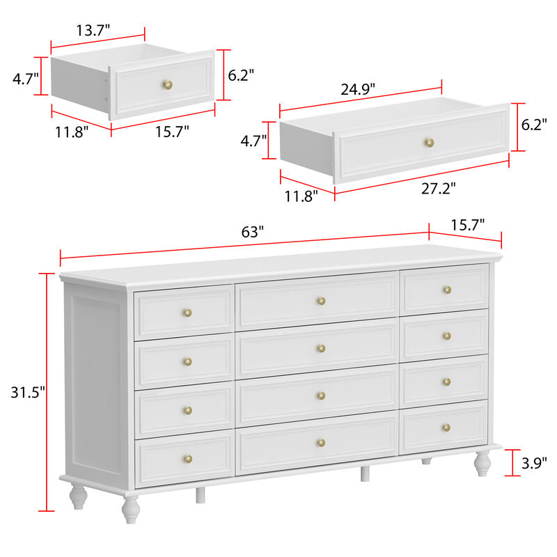 White Wooden 12-Drawer Chest of Drawers 63 in. W x 31.5 in. H x 15.7 in. D Dresser, Modern European Style