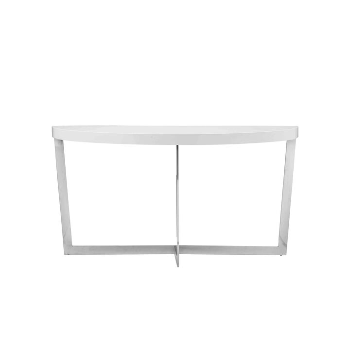 Tini 55 Inch Console Table, Oval Top, Chrome Frame, Sleek White Finish - Benzara