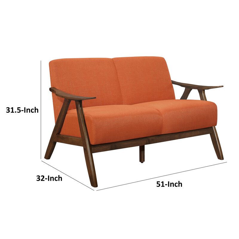 Indy 51 Inch Loveseat, Brown Wood Angled Frame, Textured Orange Fabric - Benzara