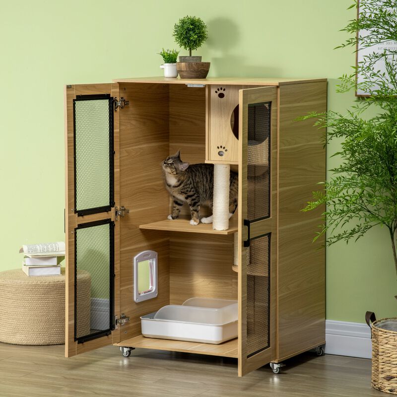 Oak Cat Enclosure: Cat House with Tree & Lockable Wheels