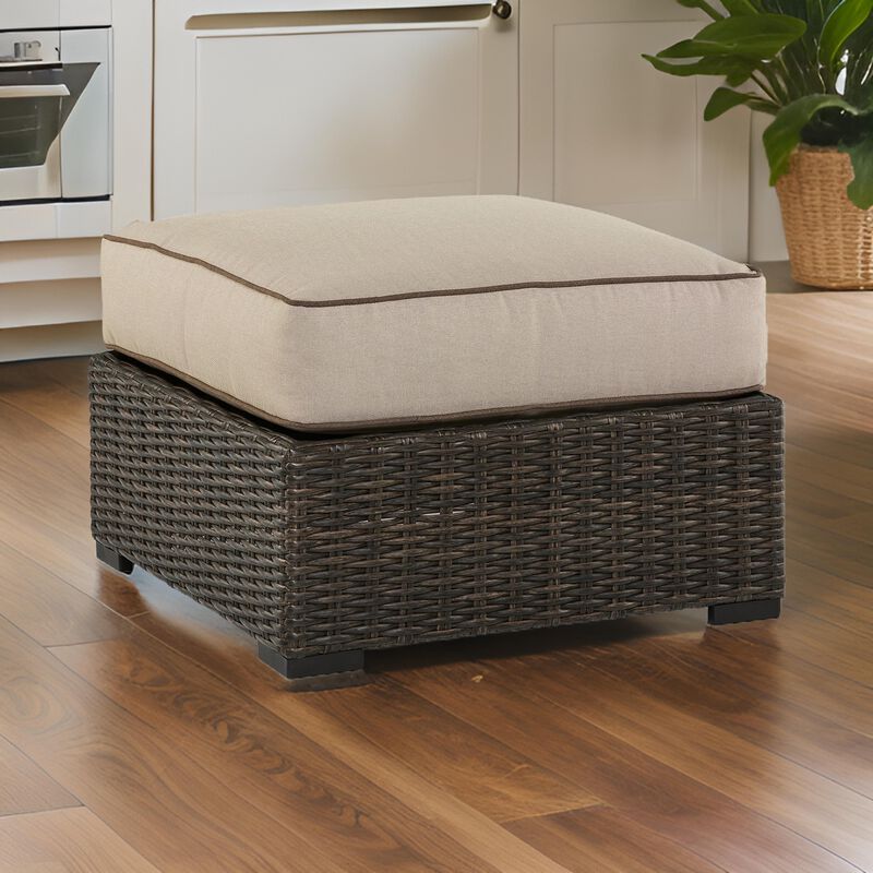 Waga 29 Inch Outdoor Ottoman, Cushioned Seat, Resin Wicker, Brown, Beige - Benzara