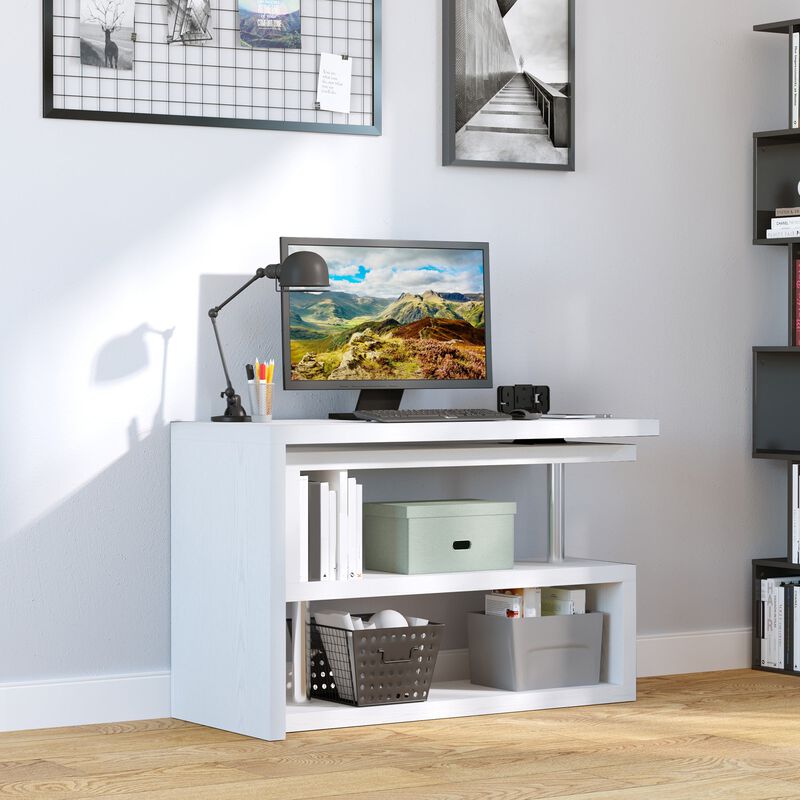 White Corner Workstation: L-Shaped Desk with 360° Rotating Design