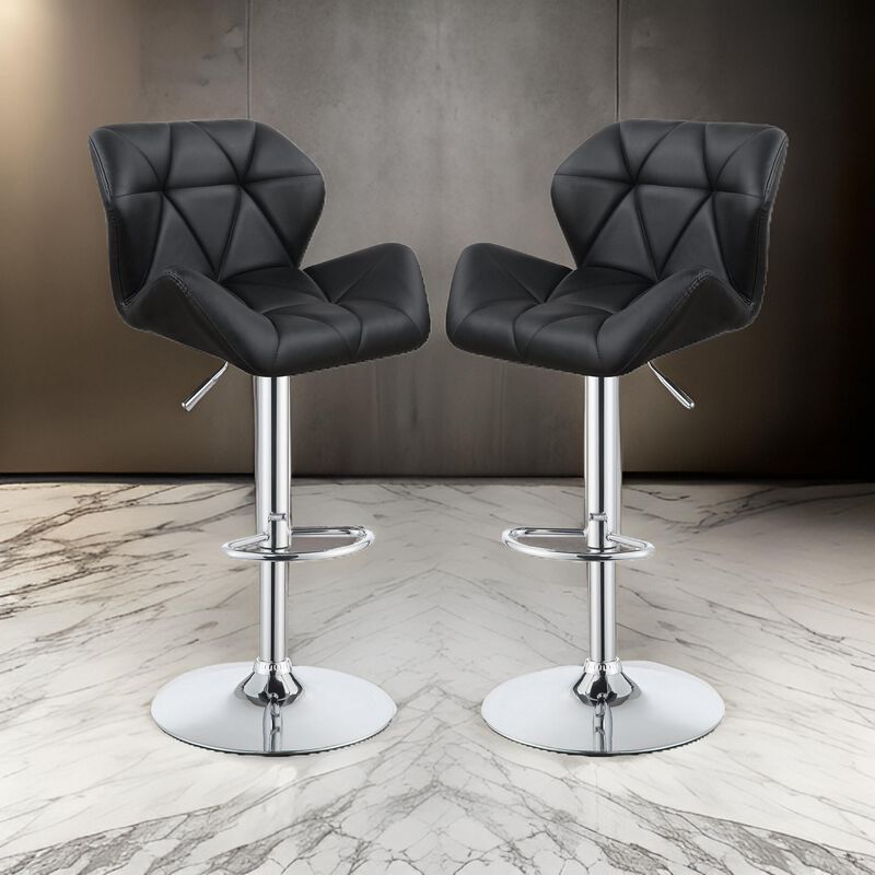 Adjustable Diamond Bar Stool with Chrome Base, Black ,Set of 2-Benzara