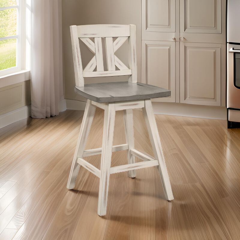 Ati 29 Inch Bar Height Stool Swivel Chairs Set of 2, Divided X Back, Gray, White - Benzara