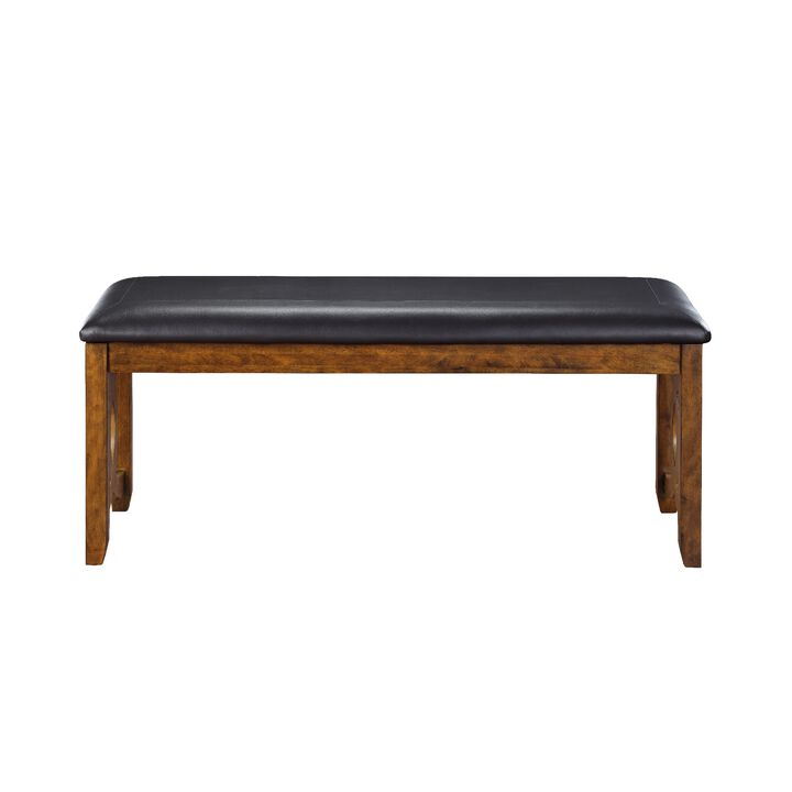 Gary 46 Inch Wood Bench with Leatherette Seat, Brown-Benzara
