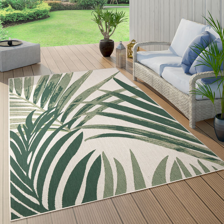 Flatweave Outdoor Rug with Tropical Palm Tree & Jungle Design