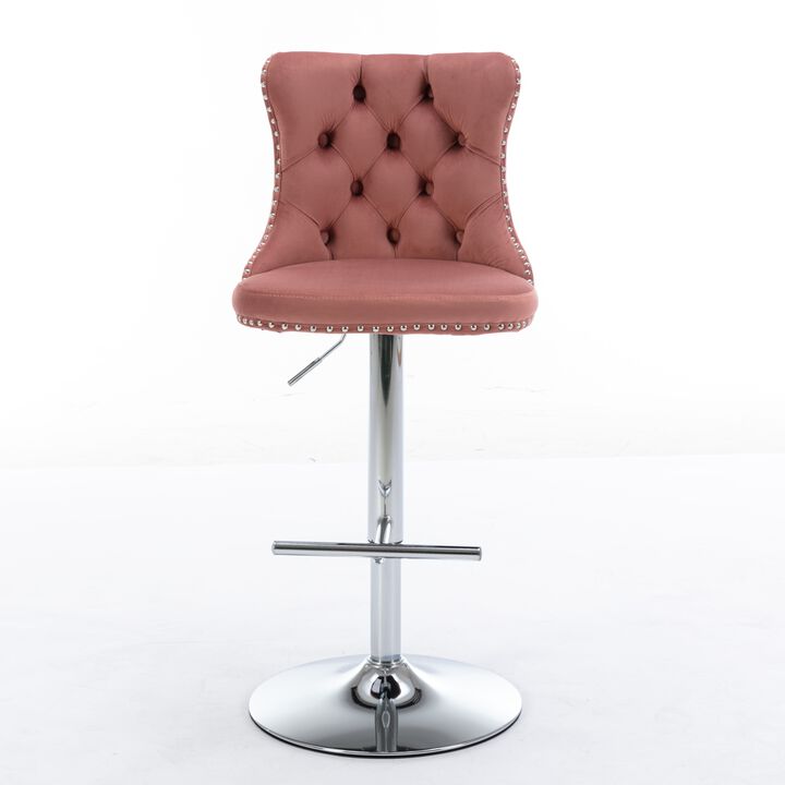 Modern Pink Velvet Swivel Barstools, Set of 2