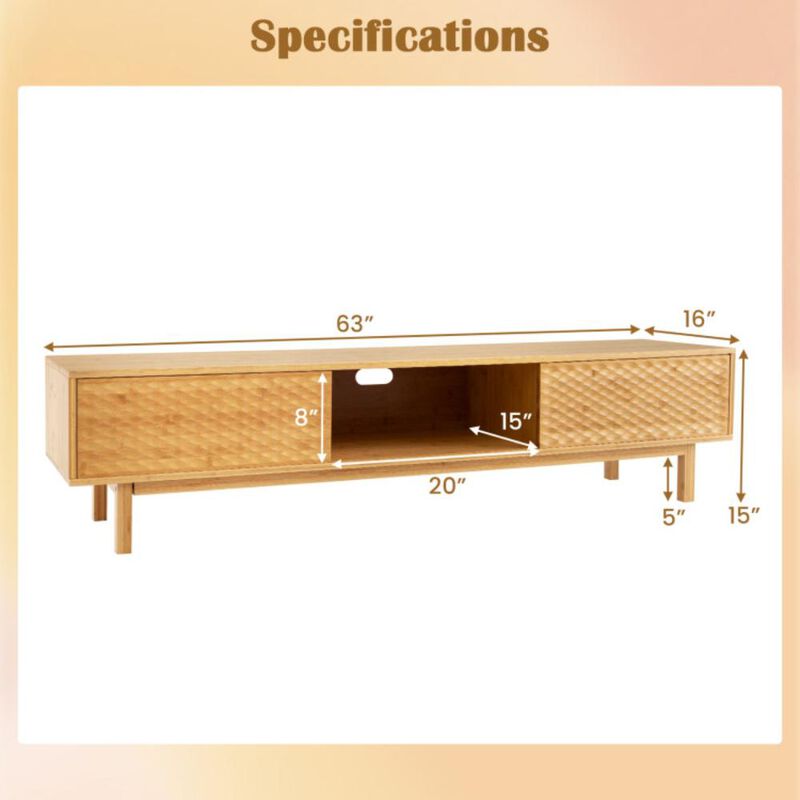 Hivvago 63 Inches Mid Century Modern Bamboo TV Stand with Sliding Doors-Natural