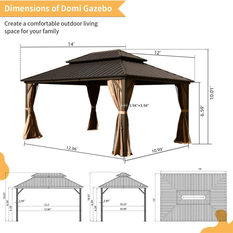 12' X 14' Hardtop Gazebo, Aluminum Metal Gazebo Withnized Steel Double Roof Canopy