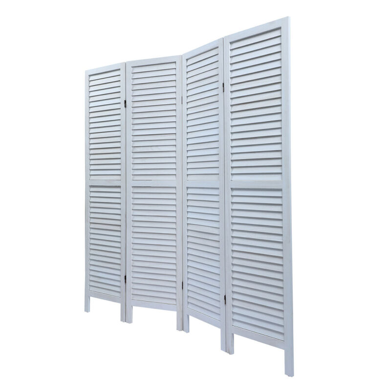 Sycamore Wood 4 Panel Screen Folding Louvered Room Divider Old White