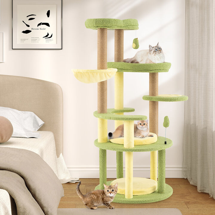 Multi-level Cat Tree Avocado Theme Cat Tower with Wide Perch Rotatable Basket
