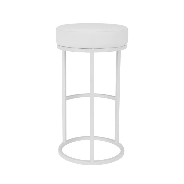 Tane 30 Inch Bar Stool, Round Padded Seat, White Faux Leather, Metal - Benzara