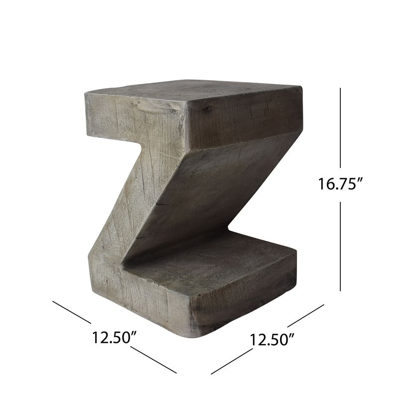 Kiara Side Table, Z Shape, Square 13 Inch, Light Gray Concrete Frame - Benzara