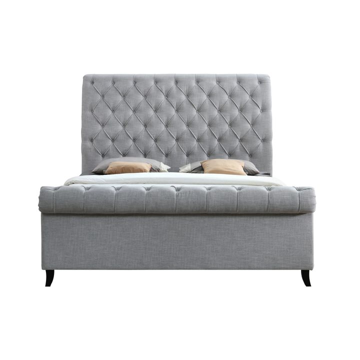 Magnolia King Size Bed, Tufted Upholstered Rolled Top Headboard, Gray - Benzara