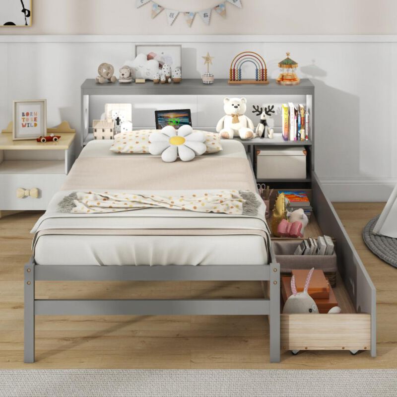 Hivvago Twin Size Bed Frame with LED Light and Bookcase Headboard