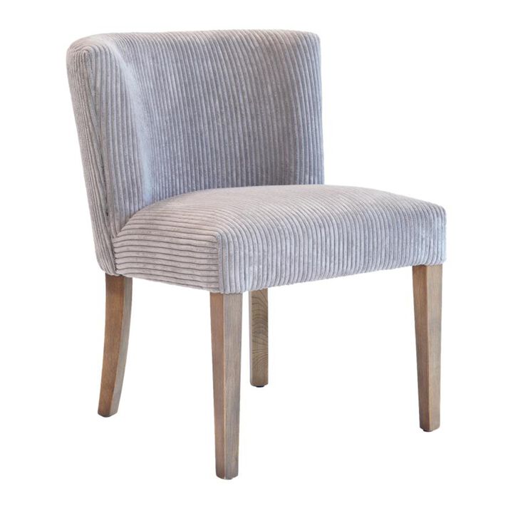 Wesy Dining Chair, Curved Back, Light Gray Fabric, Natural Oak Wood - Benzara