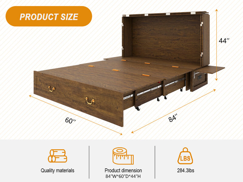 Murphy Bed Cabinet, Murphy Bed Queen with USB and Charging Ports, Murphy Bed Cabinet with Drawer,Reddish-Brown Cabinet Bed