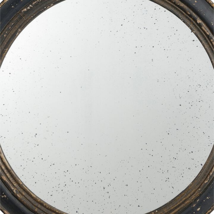 24 Inch Round Wall Mount Mirror, Molded Trim Wood Frame, Distressed Brown-Benzara