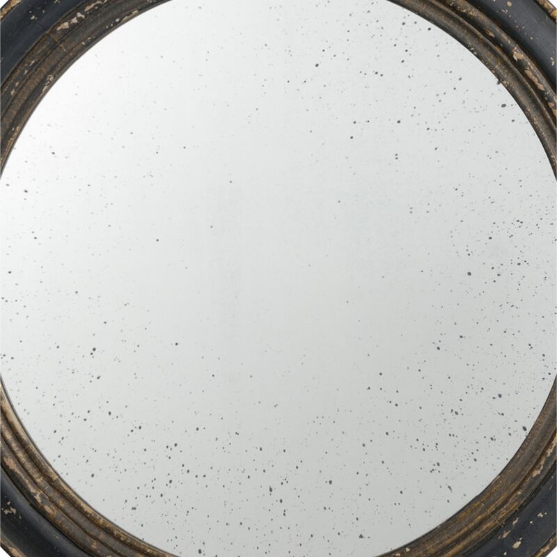 24 Inch Round Wall Mount Mirror, Molded Trim Wood Frame, Distressed Brown-Benzara