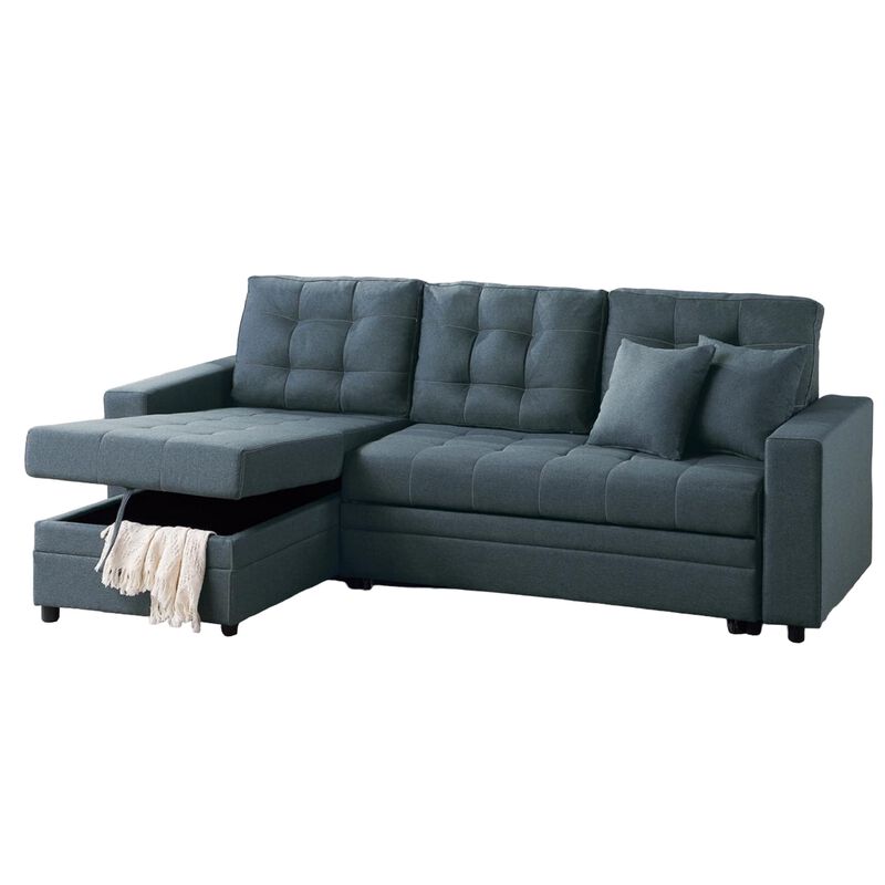 2pc Reversible L Sectional Sofa Set w Pull Out Bed, Slate Gray Fabric - Benzara
