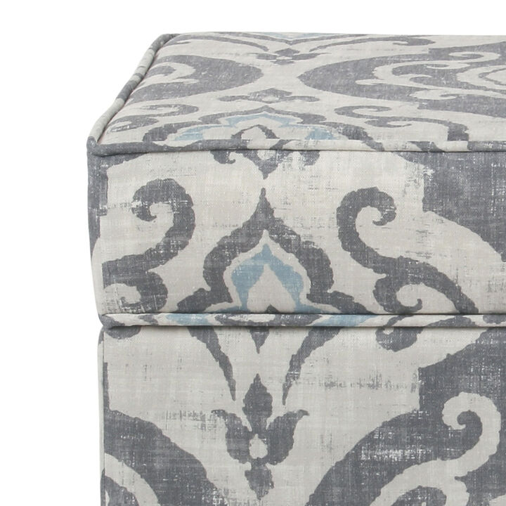 Wooden Ottoman with Patterned Fabric Upholstery and Hidden Storage, Gray and Blue - Benzara