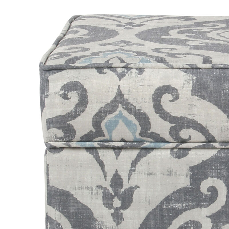 Wooden Ottoman with Patterned Fabric Upholstery and Hidden Storage, Gray and Blue - Benzara