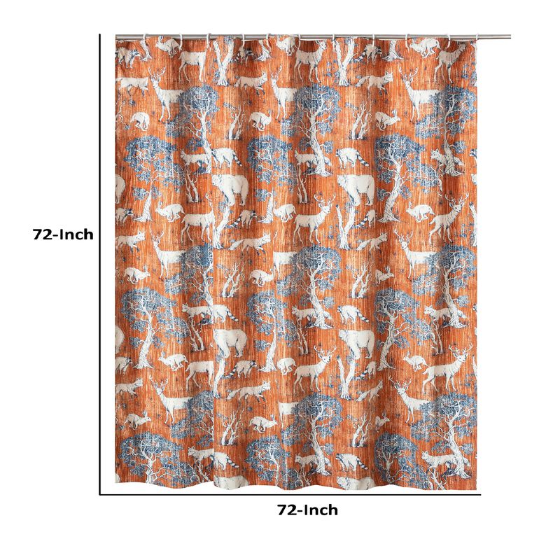 Gin 72 Inch Shower Curtain, Fun Deer and Bears Print, Orange Microfiber-Benzara