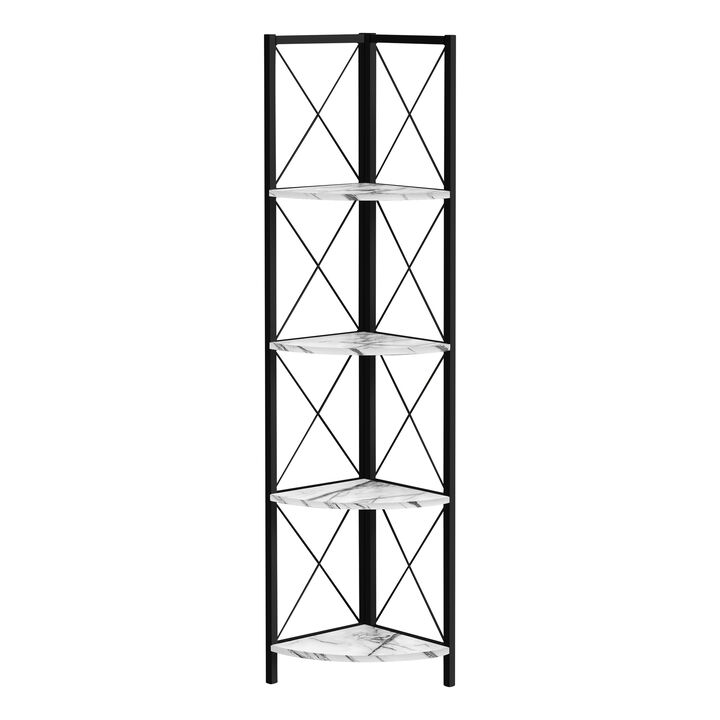 Monarch Specialties I 3651 Bookshelf, Bookcase, Etagere, Corner, 4 Tier, 60"H, Office, Bedroom, Metal, Laminate, White Marble Look, Black, Contemporary, Modern