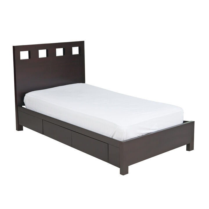 Yee Queen Storage Bed, Espresso Brown Finish, 4 Drawers, Cut Out Headboard - Benzara
