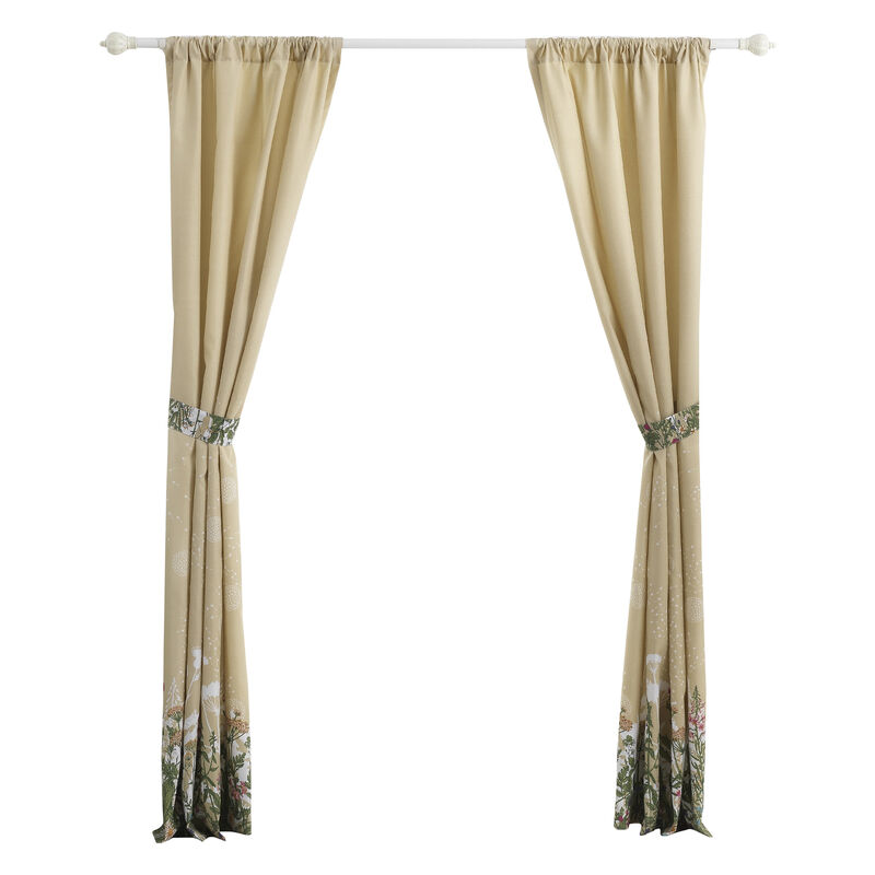 84 Inch Window Curtains, Beige Microfiber Fabric, Wildflower Print Design - Benzara