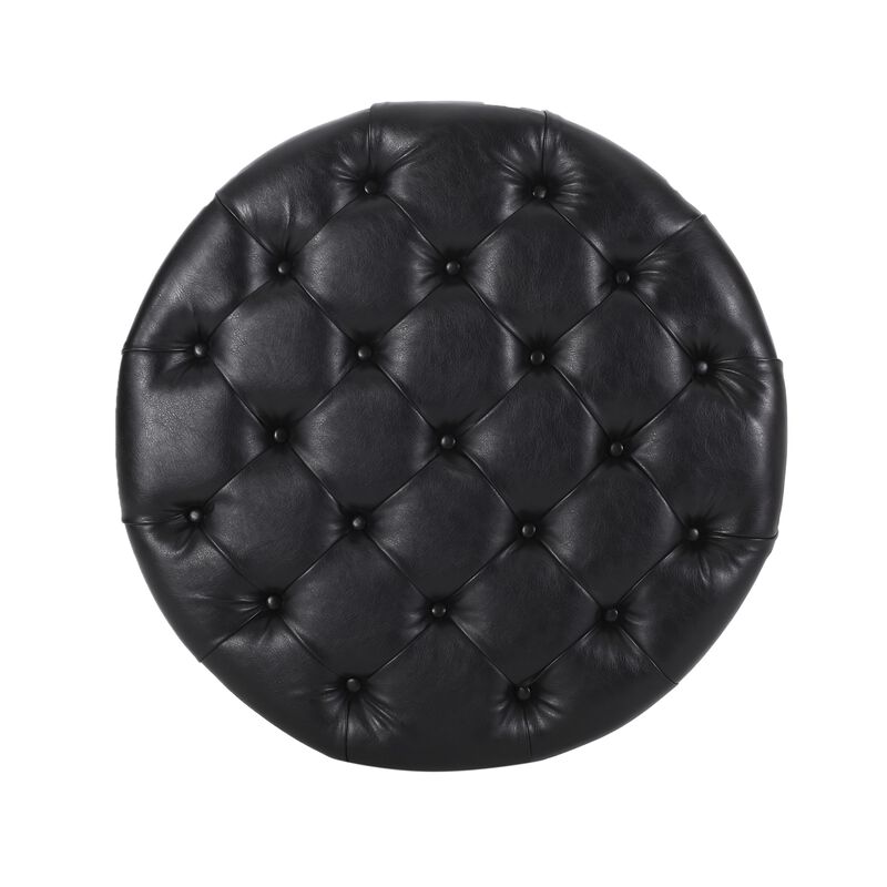 Kiam Ottoman, Shelf, Black Tufted Faux Leather, Brown Wood 32 Inch - Benzara