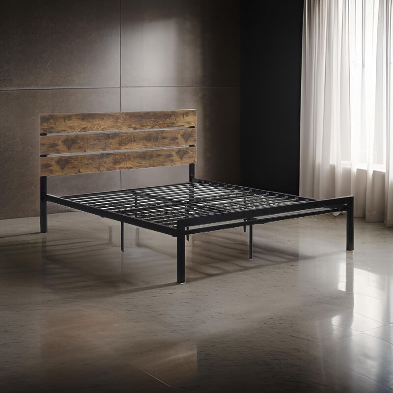 Mars Queen Platform Bed, Brown Faux Wood Slat Headboard, Black Metal Frame - Benzara