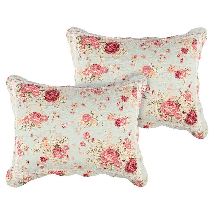 Greenland Home Antique Rose Floral Pinstripe with Dainty Scrolling Embellishments Sham Standard Blue