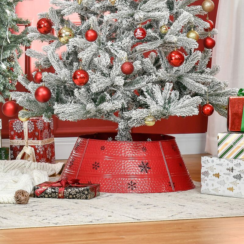 Christmas Tree Collar Steel Tree Ring Skirt Decor w/ Snowflake, 26" Base, Red