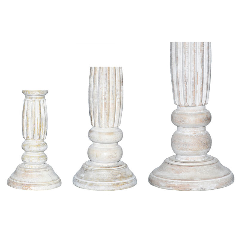 Traditional Antique White Eco-friendly Handmade Mango Wood Set Of Three 9",12" & 15" Pillar Candle Holder