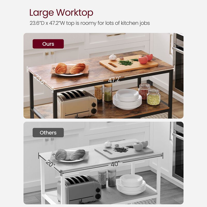 Kitchen Island with 3 Shelves and Large Worktop