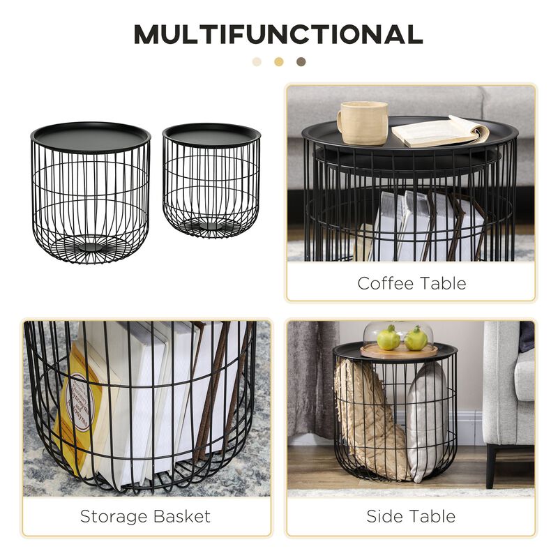 Black Living Room Set: 3-Piece Coffee Table with Nesting Wire Baskets