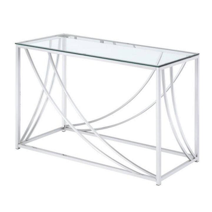 Glass Top Rectangular Sofa Table with Swooping  Curves, Clear and Silver-Benzara