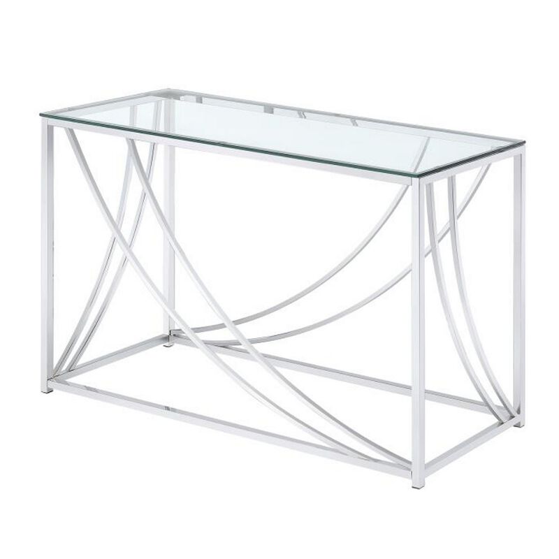 Glass Top Rectangular Sofa Table with Swooping  Curves, Clear and Silver-Benzara