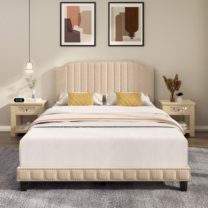Heavy Duty Upholstered Bed Frame with Rivet Headboard