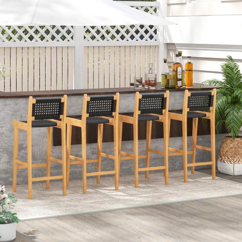 Hivvago 30 Inch Rattan Teak Wood Bar Stool with Backrest and Footrest