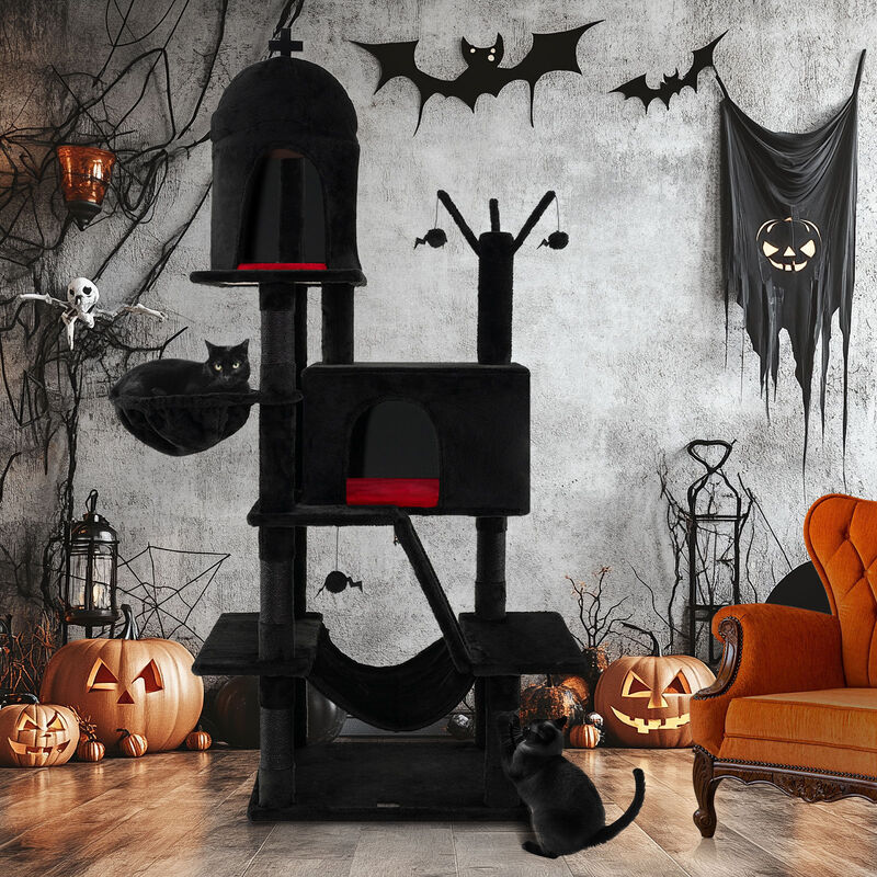 Gothic Cat Tree with 2 Cat Condos and Spooky Dangling Ball for Indoor Cats